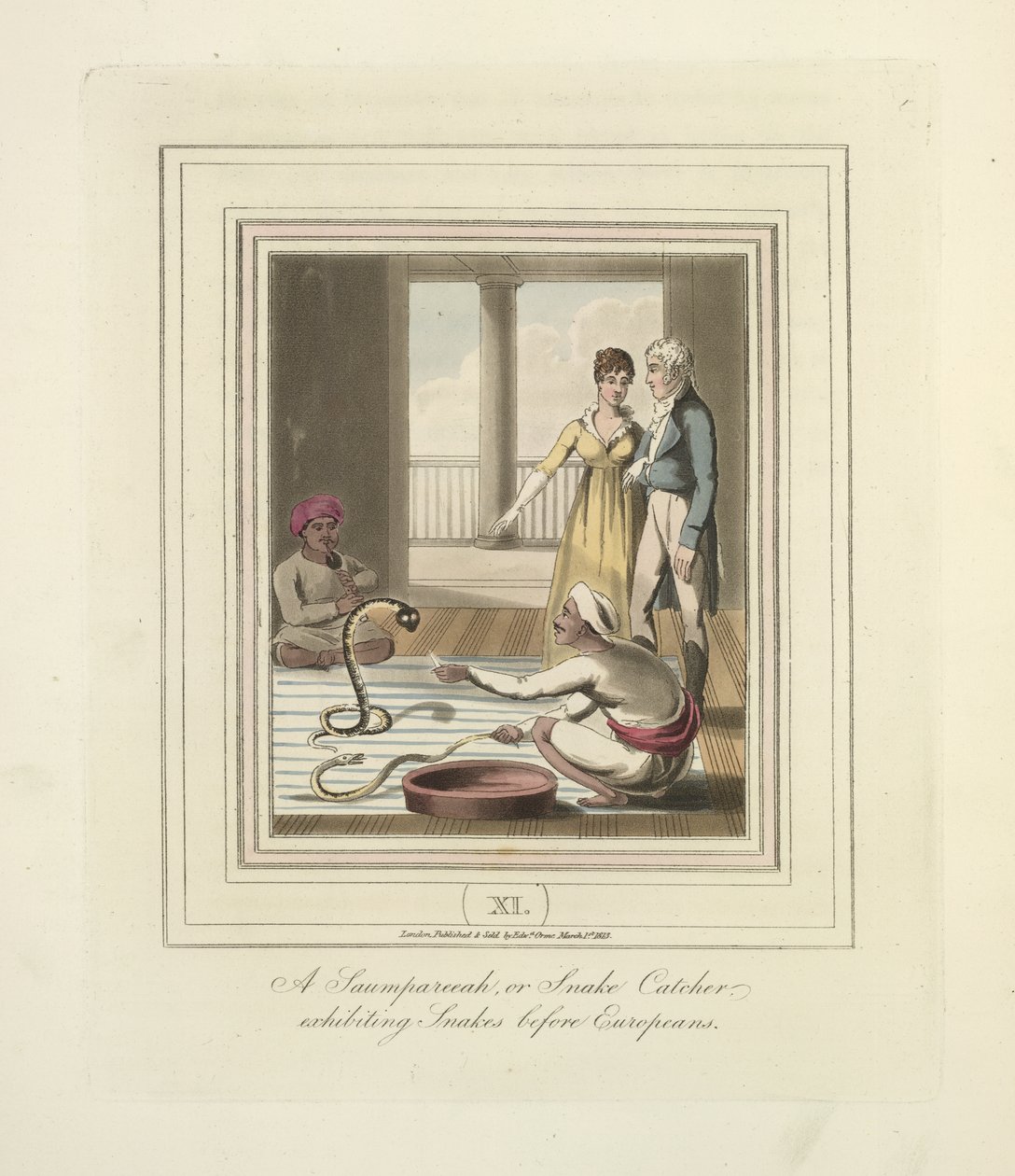 Ein Saumpareeah oder Schlangenfänger, der Schlangen vor Europäern vorführt, ca. 1824 von English School