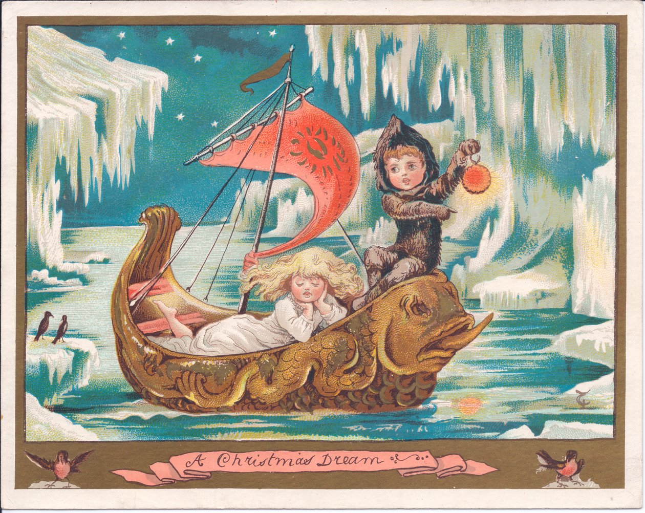Viktorianische Weihnachtskarte mit einem Mädchen als Fee, das in einem kunstvollen Delfinboot auf einem gefrorenen Meer schläft, während ein Junge als Fee eine Lampe hält, ca. 1880 von English School