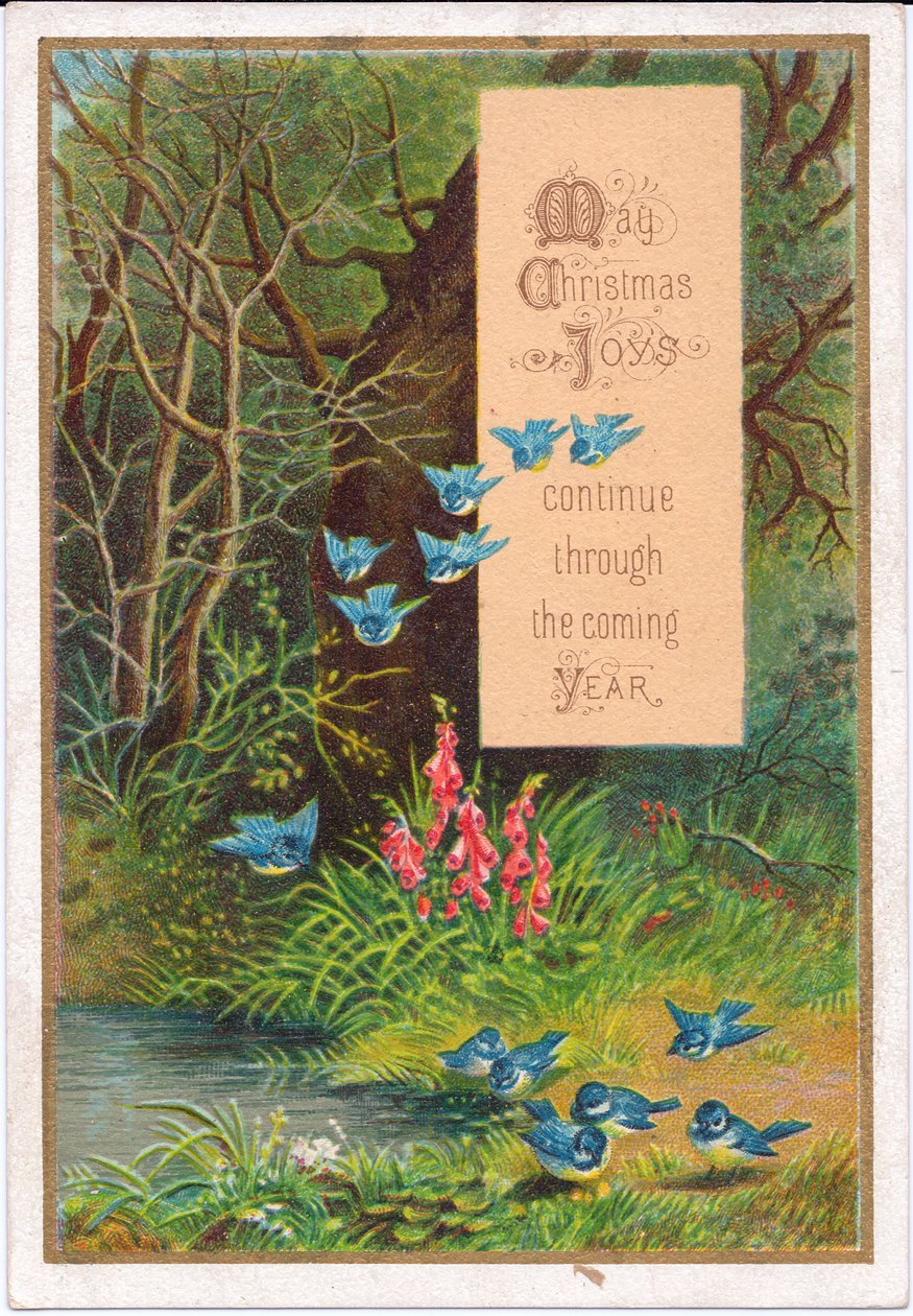 Viktorianische Weihnachtskarte mit blauen Vögeln in einer Waldlandschaft, ca. 1880 von English School