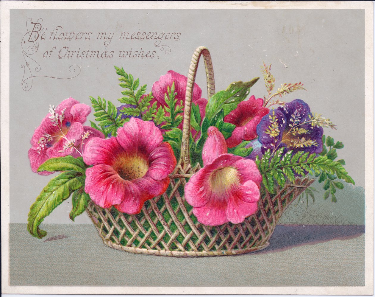 Viktorianische Weihnachtskarte mit Blumen in einem Weidenkorb, ca. 1880 von English School