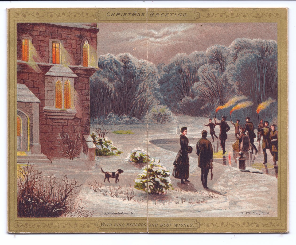 Eine viktorianische Weihnachtskarte mit Schlittschuhläufern mit Fackeln auf einem zugefrorenen See vor einem Herrenhaus mit Zuschauern und einem Hund, ca. 1880 von English School