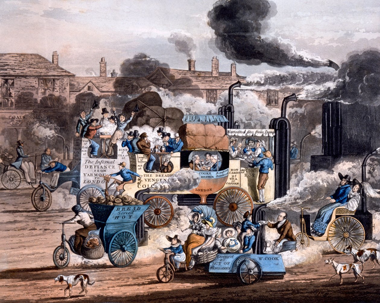 Ansicht in der White Chapel Road 1830, aus The Progress of Steam - Aikens Illustration of Modern Prophecy 1828 von English School