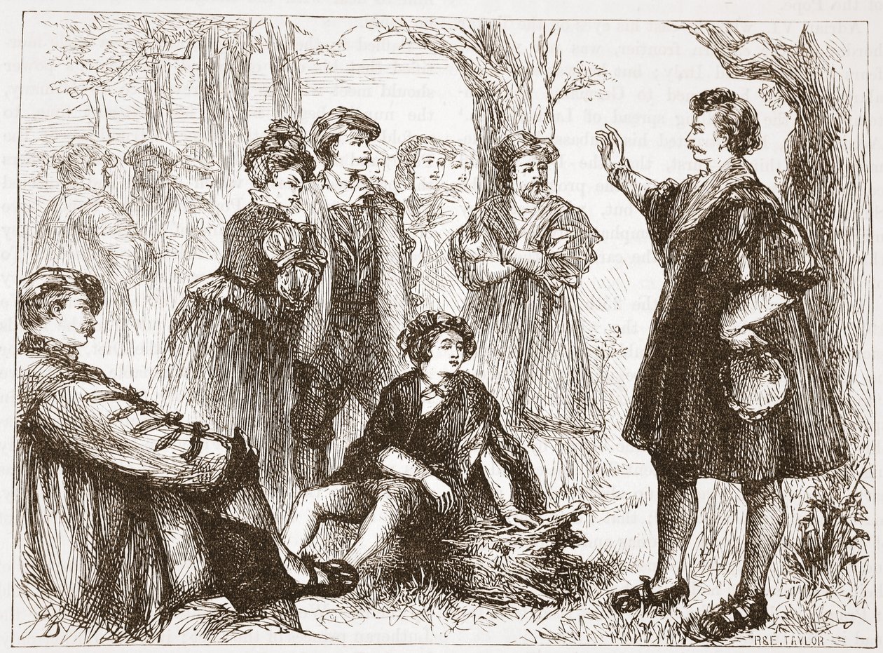 Ein Wittenberger Student predigt in der Lindenwiese, Illustration aus Die Geschichte des Protestantismus von James Aitken Wylie, veröffentlicht 1878 von English School