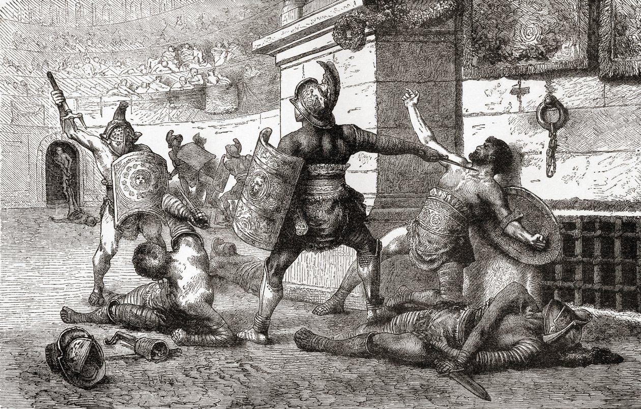 Ein Kampf zwischen Gladiatoren im antiken Rom, aus Ward und Locks Illustrierter Geschichte der Welt, veröffentlicht um 1882 von English School