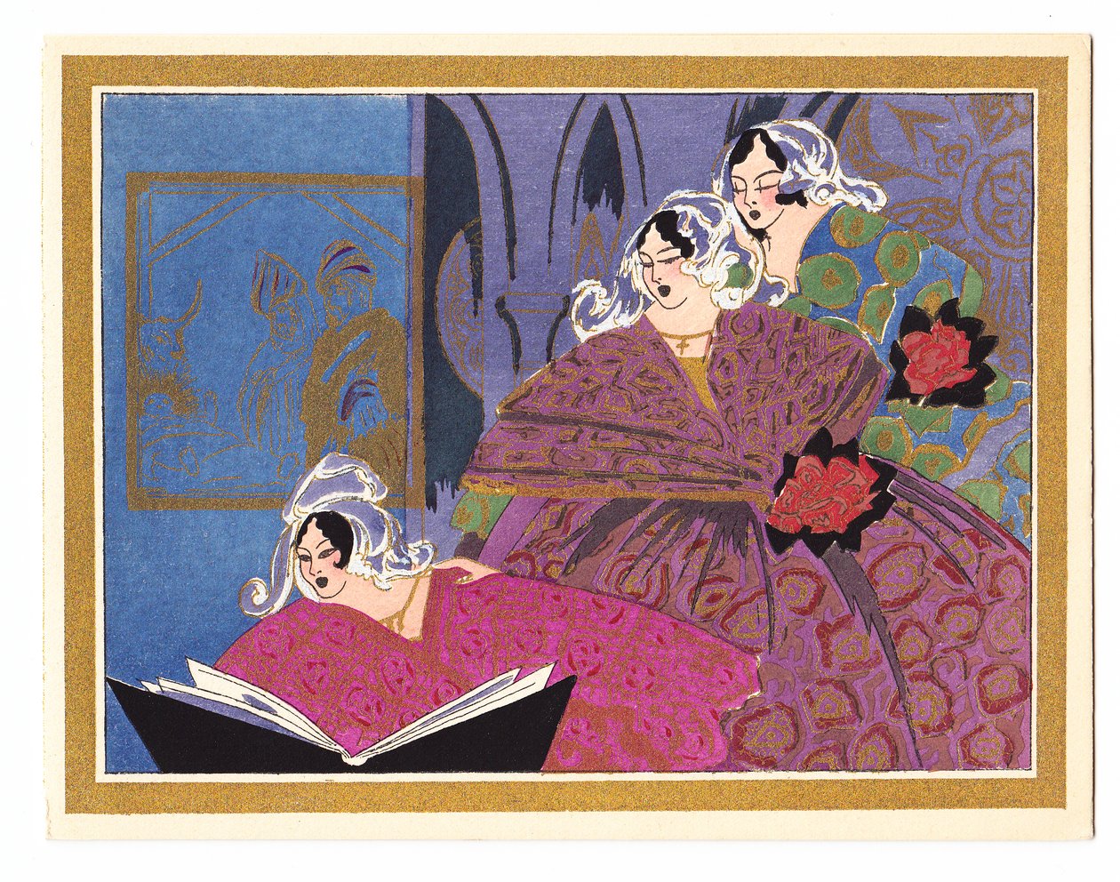 Handkolorierte französische Pochoir-Weihnachtskarte, die drei Damen zeigt, die aus einem Liederbuch singen, ca. 1920 von English School