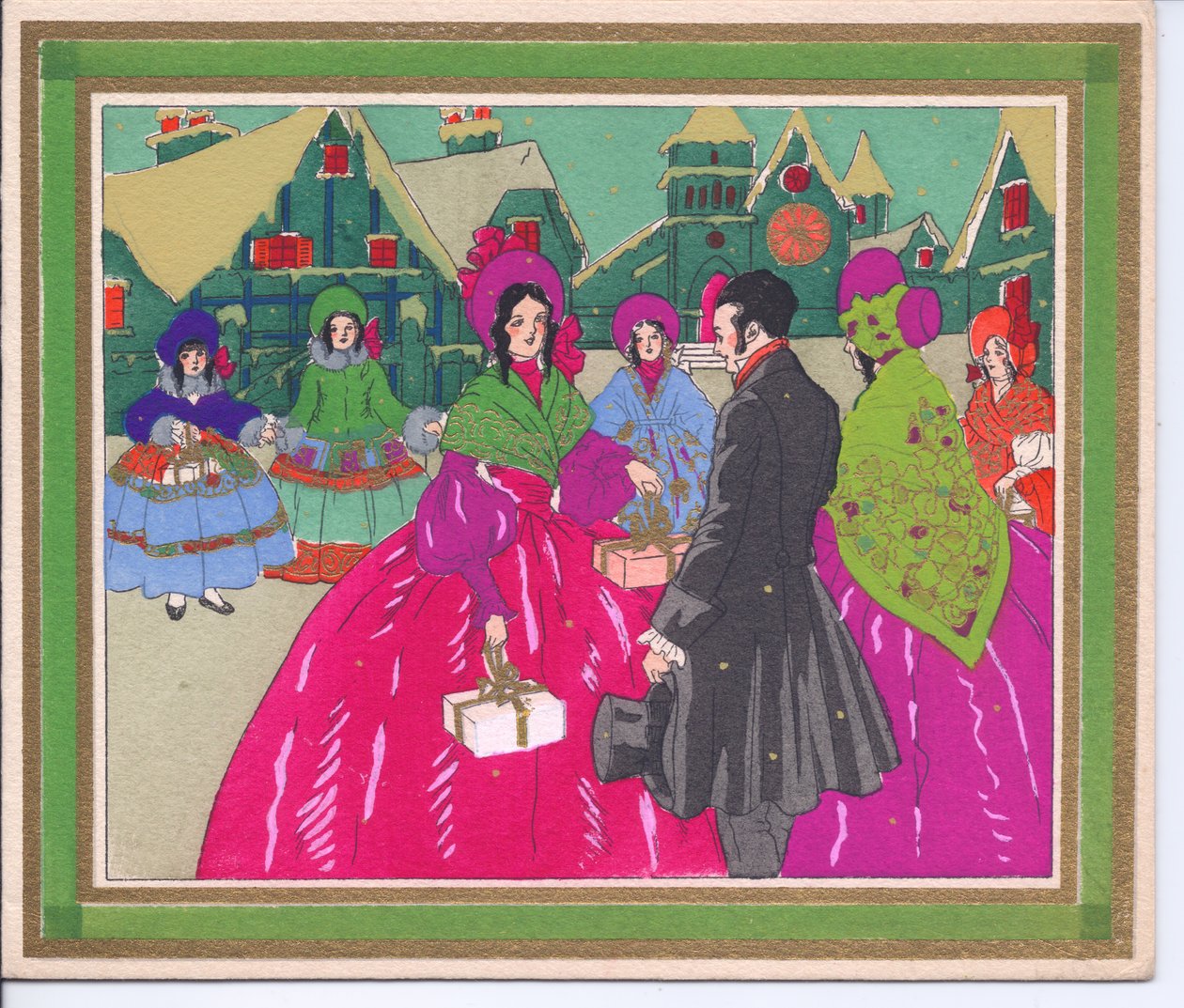 Handkolorierte französische Pochoir-Weihnachtskarte einer Gruppe von Damen in Reifrockkleidern und Hauben, die sich mit einem Herrn mit Zylinder unterhalten, ca. 1920 von English School