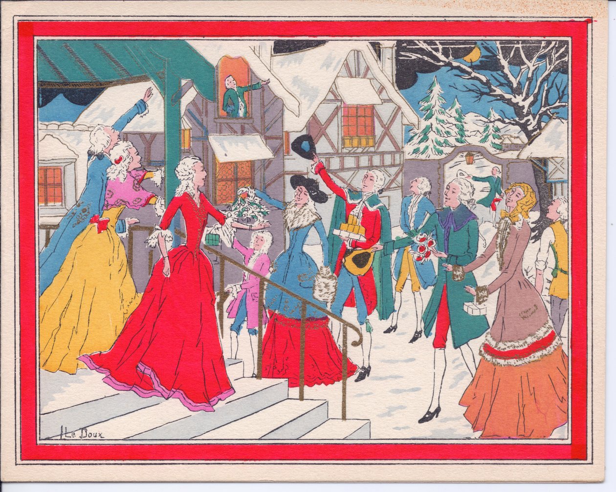 Eine handkolorierte französische Pochoir-Weihnachtskarte einer Winterszene in Tudor-Zeiten, um 1920 von English School