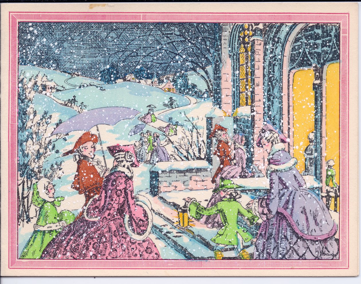 Eine handkolorierte französische Pochoir-Weihnachtskarte von Partygästen, die im Schnee zu einem Herrenhaus kommen, ca. 1920 von English School