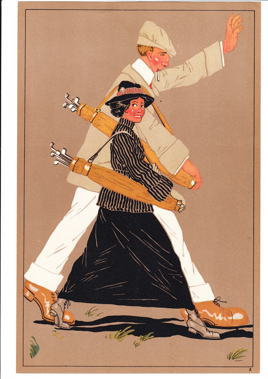 Ein Druck von zwei Golfern in komischen und humorvollen Posen, ca. 1920 von English School