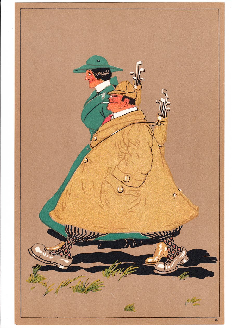Druck von zwei Golfern in komischen und humorvollen Posen, ca. 1920 von English School