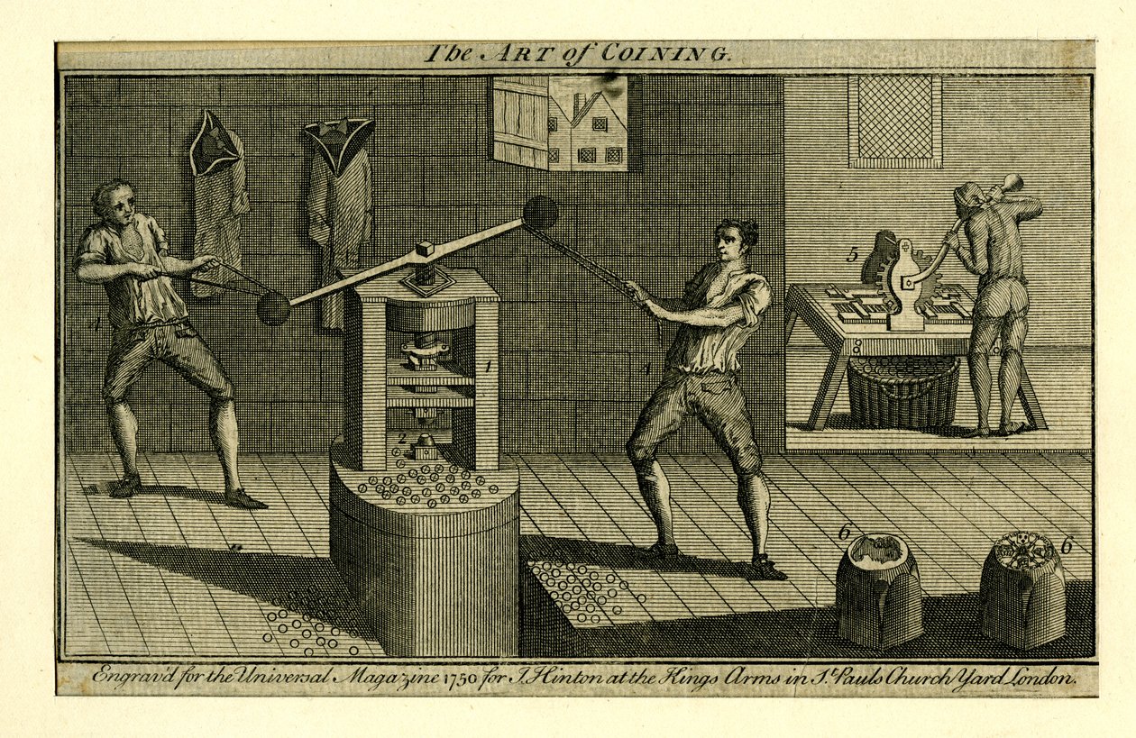 Eine Schraubenpresse in Betrieb bei der Royal Mint im Tower, aus dem Universal Magazine von English School