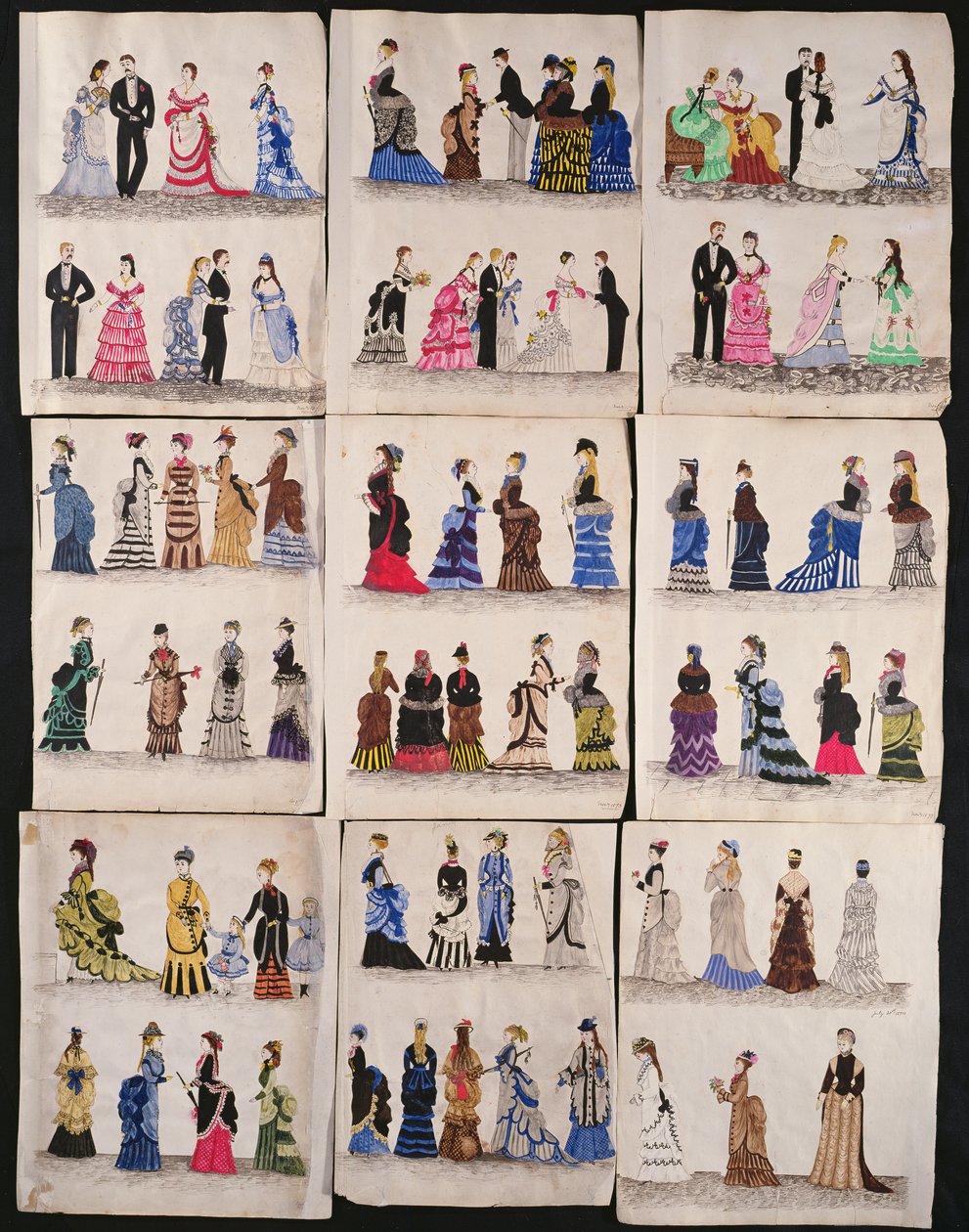 Eine Auswahl viktorianischer Mode einschließlich Ball- und Spazierkleider, um 1876 von English School