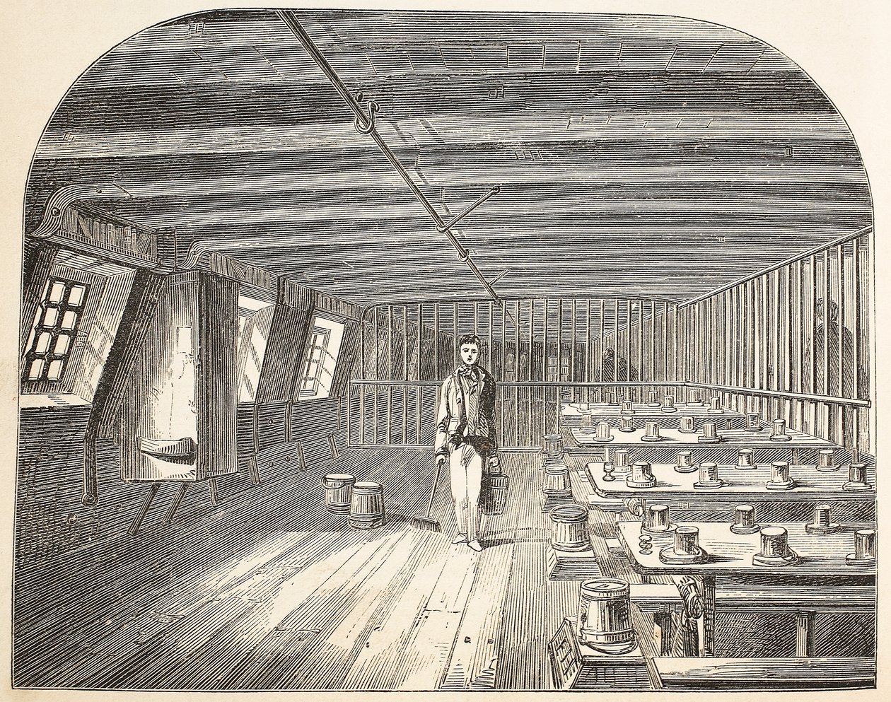 Ein Saal an Bord der Defence-Hulk, vorbereitet für die Rückkehr der Gefangenen zum Abendessen, Illustration aus The Criminal Prisons of London and Scenes from Prison Life von Henry Mayhew und John Binny, veröffentlicht 1862 von English School