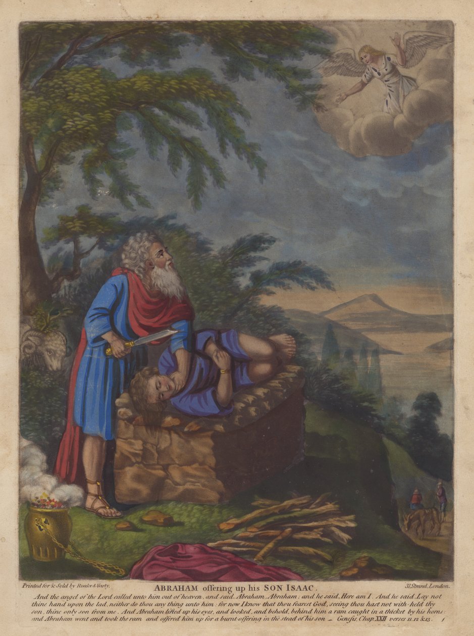 Abraham opfert seinen Sohn Isaak (Farblithografie) von English School