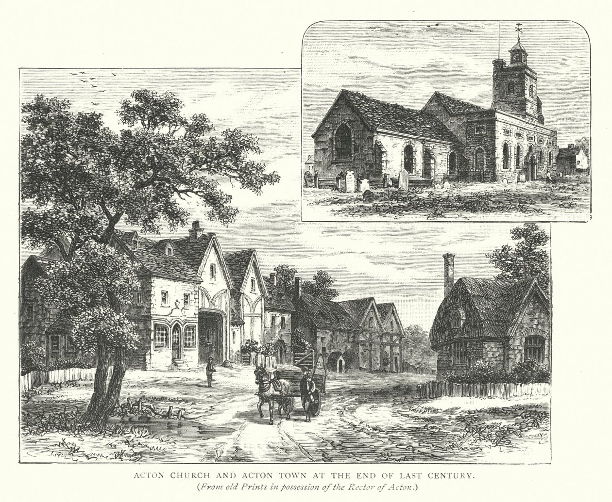 Acton Kirche und Acton Stadt am Ende des letzten Jahrhunderts (Gravur) von English School