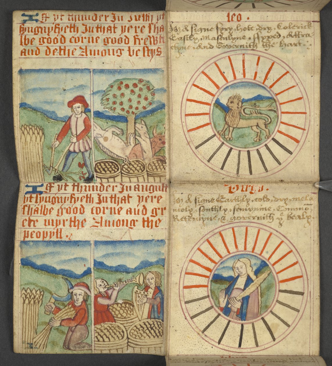 Leo & Virgo, aus Almanach, enthält Tabelle der Sonntagsbuchstaben und goldenen Zahlen; Anweisungen zur Bestimmung der beweglichen Feste; Kalender der Heiligen, Epochen, Liste der englischen Herrscher, Wetterprognosen, Einfluss der Tierkreiszeichen von English School