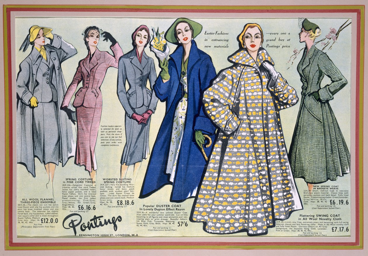 Werbung für Pontings Frühlingskollektion, 1950er Jahre von English School