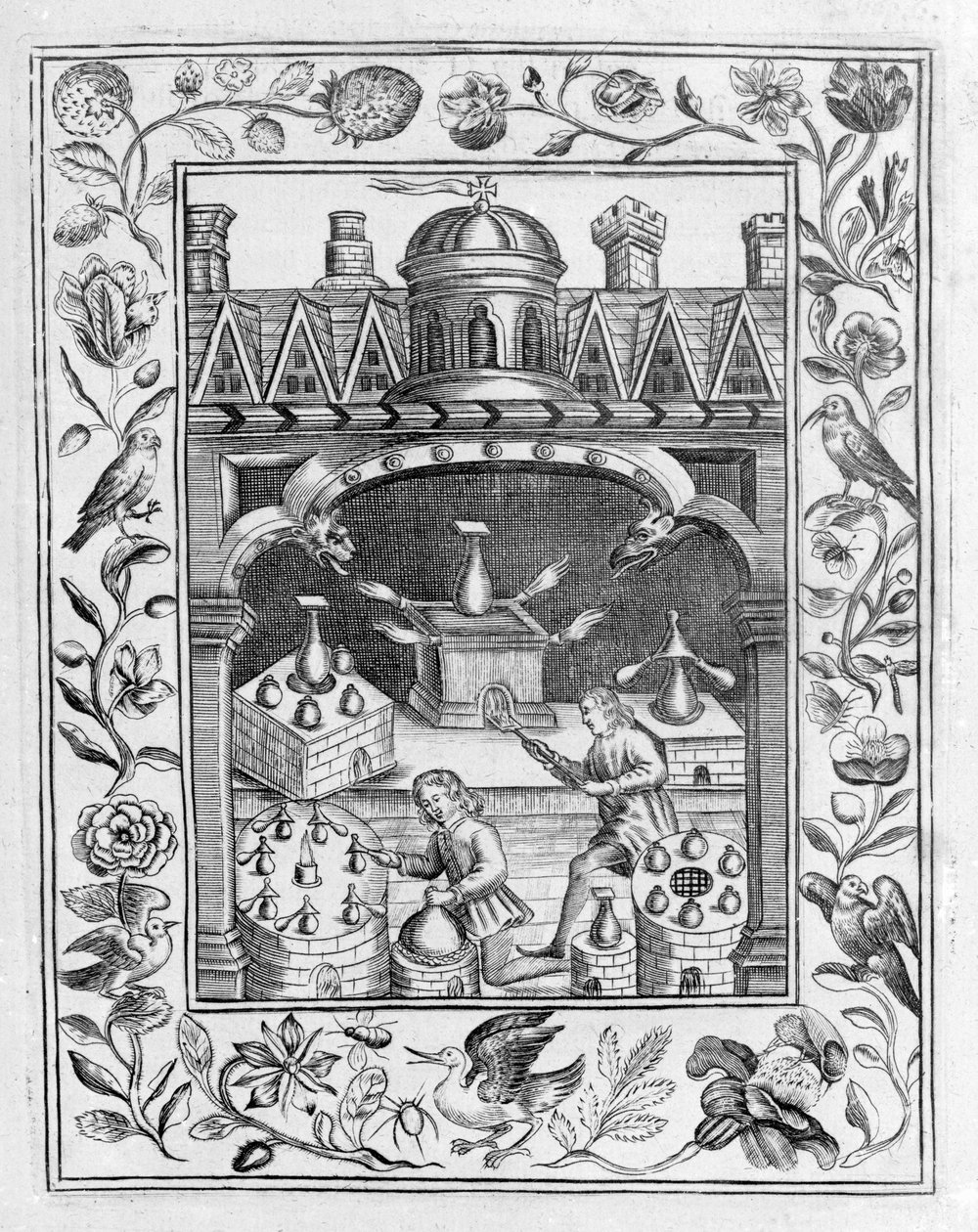 Alchemisches Labor, das verschiedene Formen von Öfen und Gefäßen zeigt, aus Theatrum Chemicum Britannicum von Elias Ashmole, 1652 von English School