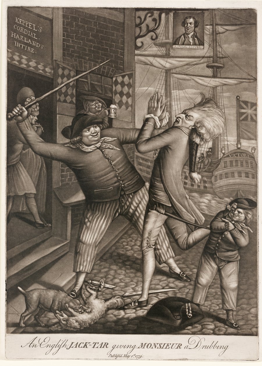 Ein englischer Jack-Tar gibt Monsieur eine Tracht Prügel, veröffentlicht 1779 (Mezzotinto) von English School