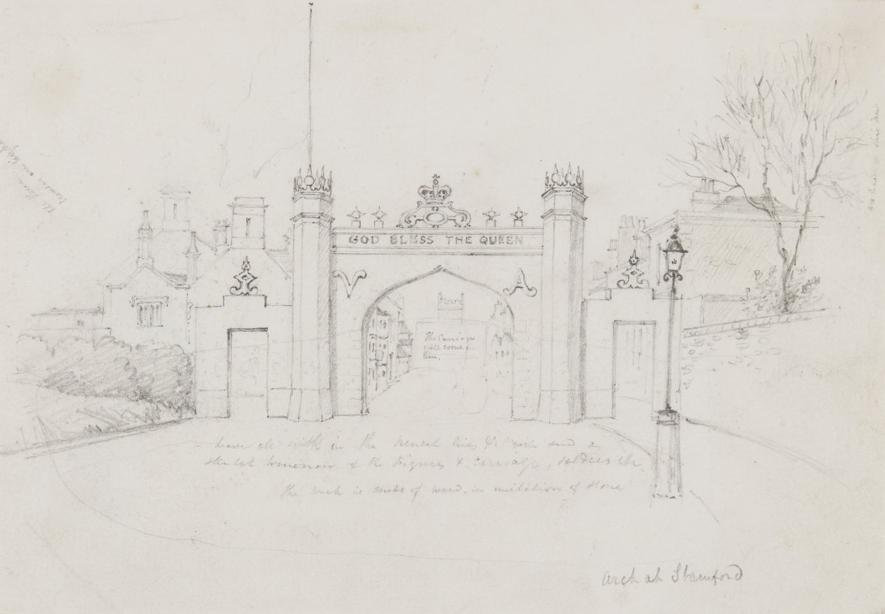 Bogen in Stamford, errichtet zur Begrüßung von Königin Victoria und Prinz Albert auf dem Weg nach Burghley House von English School