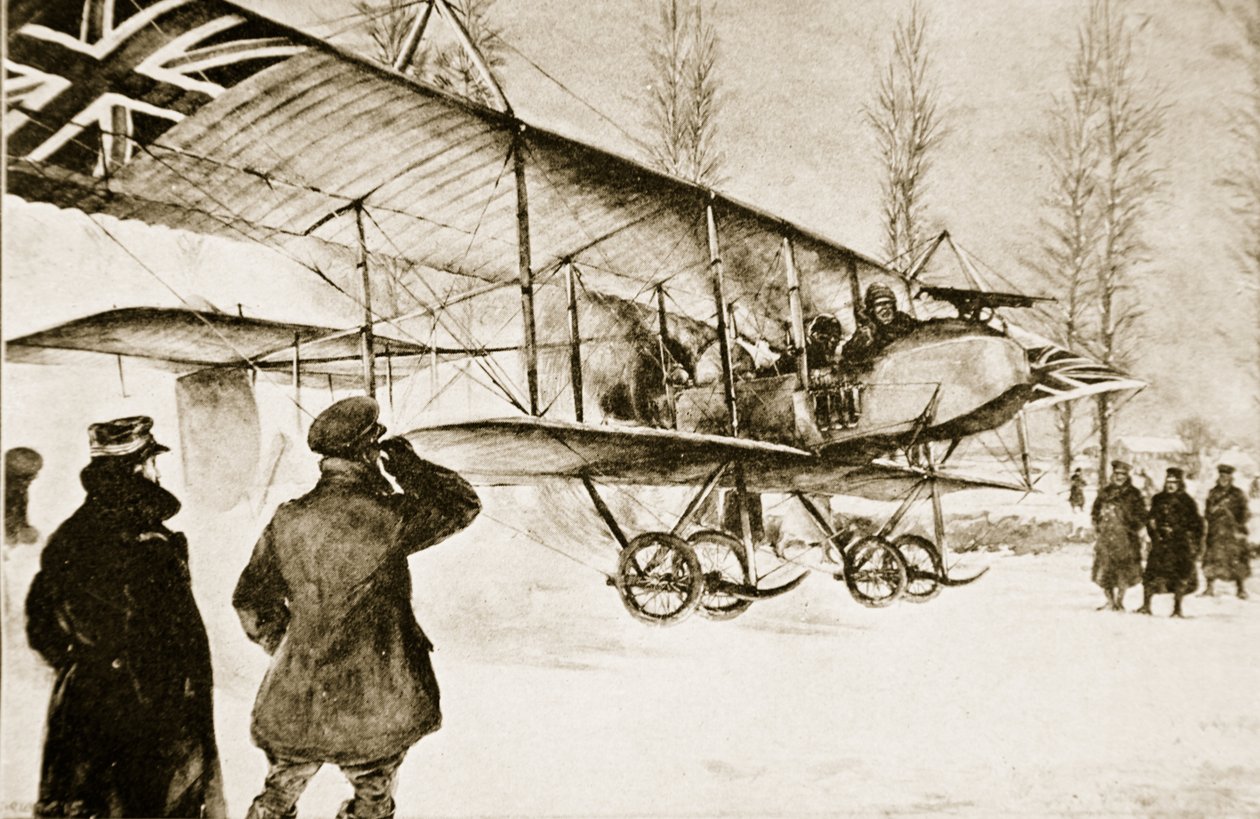 Bewaffneter britischer Doppeldecker startet vom Hauptquartier in der Nähe von Hollebeke, 1914-19 von English School