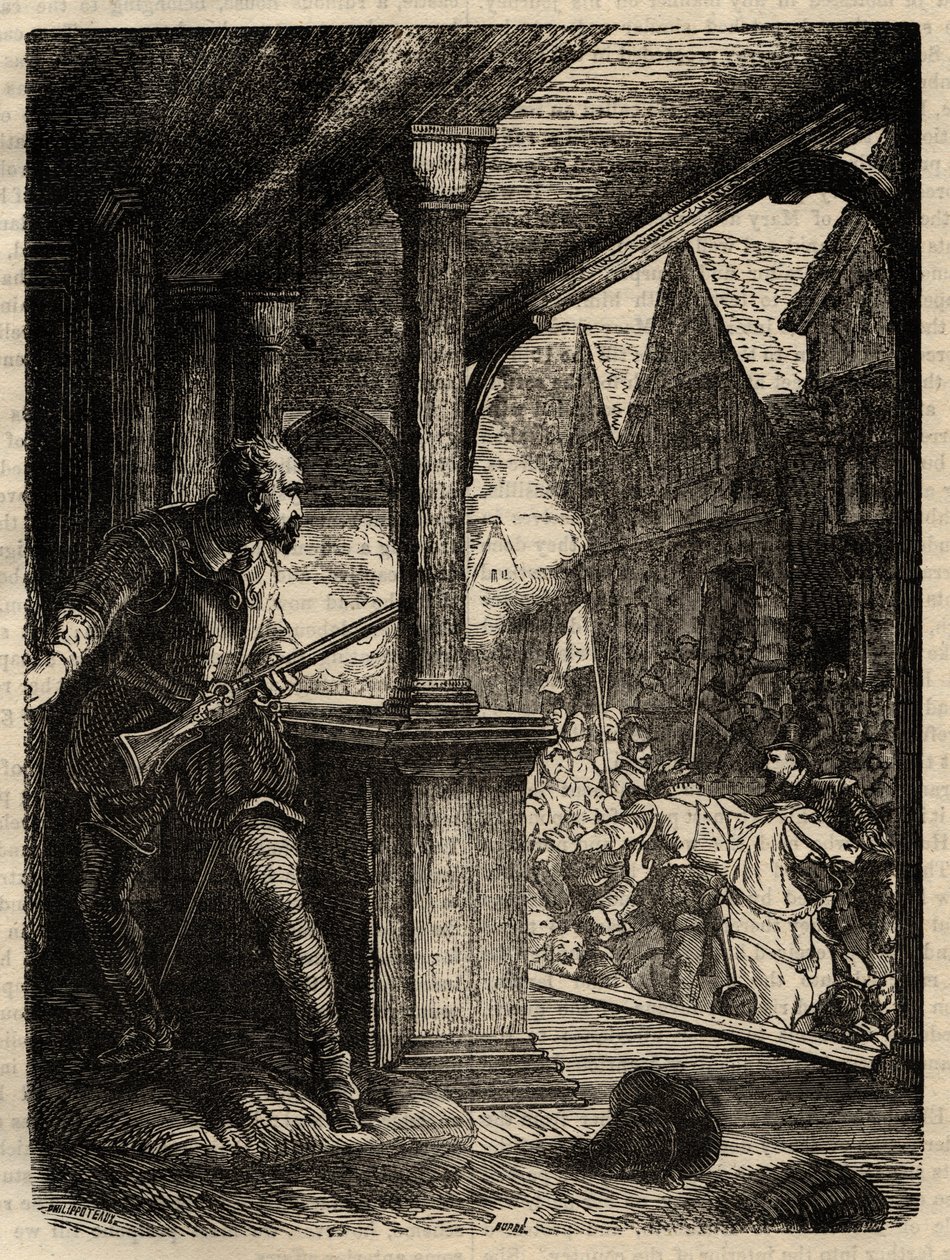 Ermordung des Regenten Murray (James Stewart Moray) - James Stewart Moray (ca. 1531-70), Regent von Schottland für König James VI - Gravur aus „Geschichte Englands“ von Cassell Petter & Galpin von English School