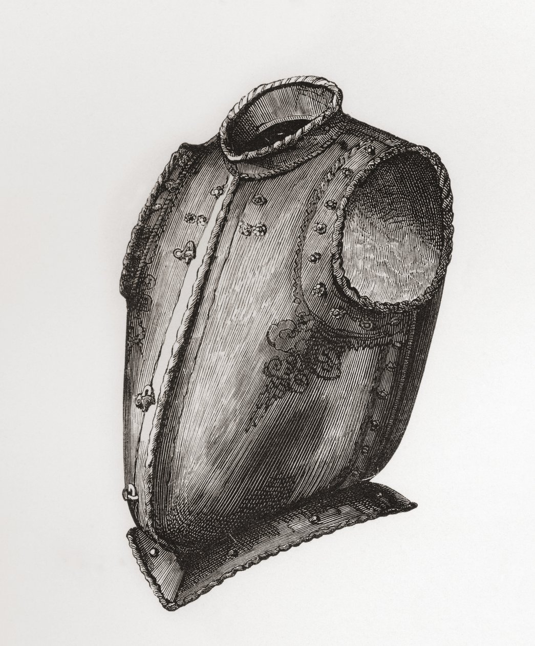 Rücken- und Brustpanzer, vorne öffnend, bekannt als der Weste-Brustpanzer, ca. 1580, aus The British Army: Its Origins, Progress and Equipment, veröffentlicht 1868. von English School