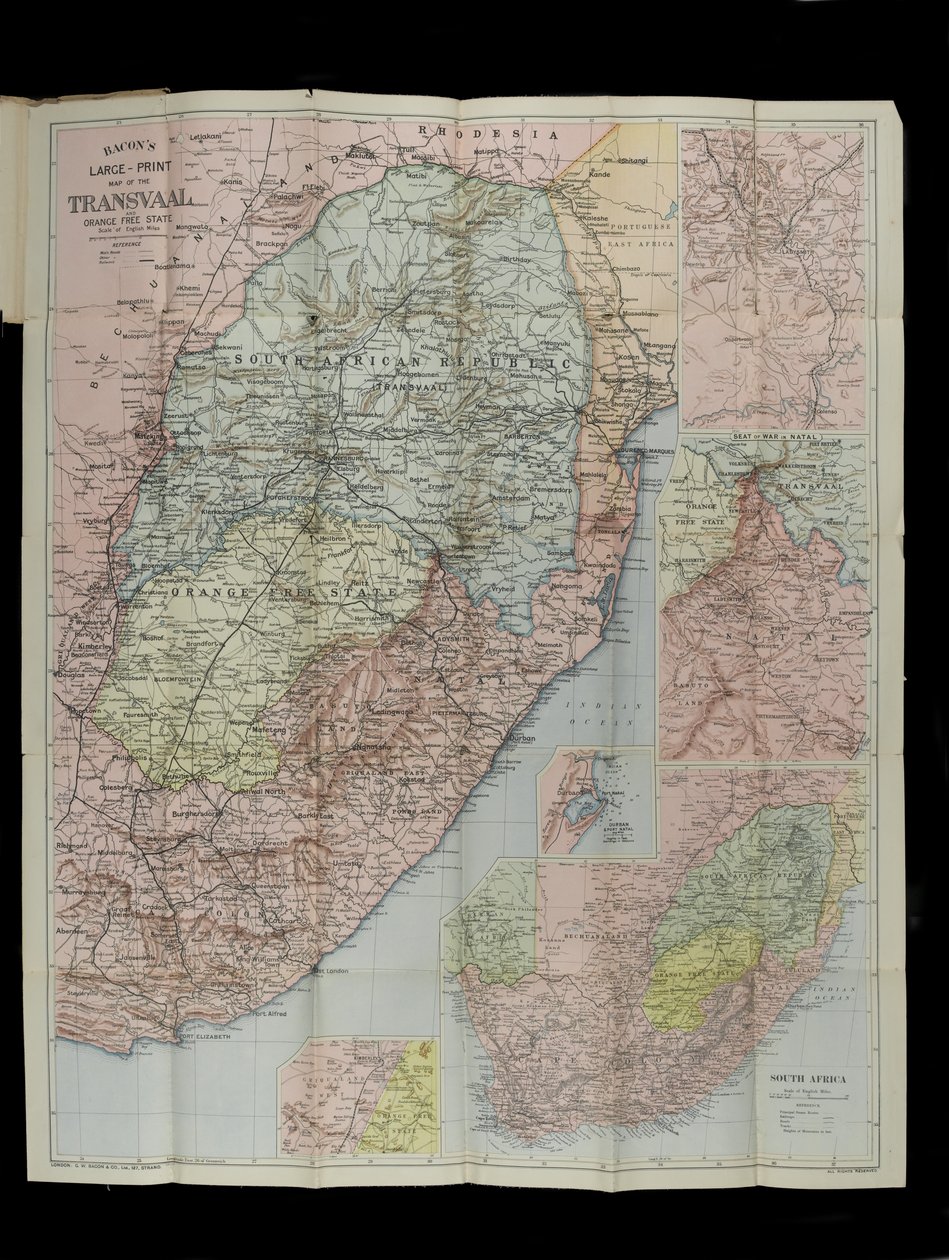 Bacons Großmaßstäbliche Karte des Transvaal Orange Free State und Natal mit Erweiterung nach Süden bis Port Elizabeth, Südafrika von English School