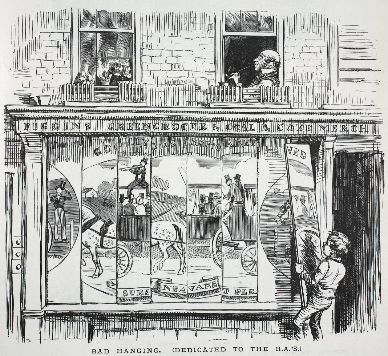 Schlechtes Hängen (den R.A.s gewidmet), Illustration aus Punch von English School