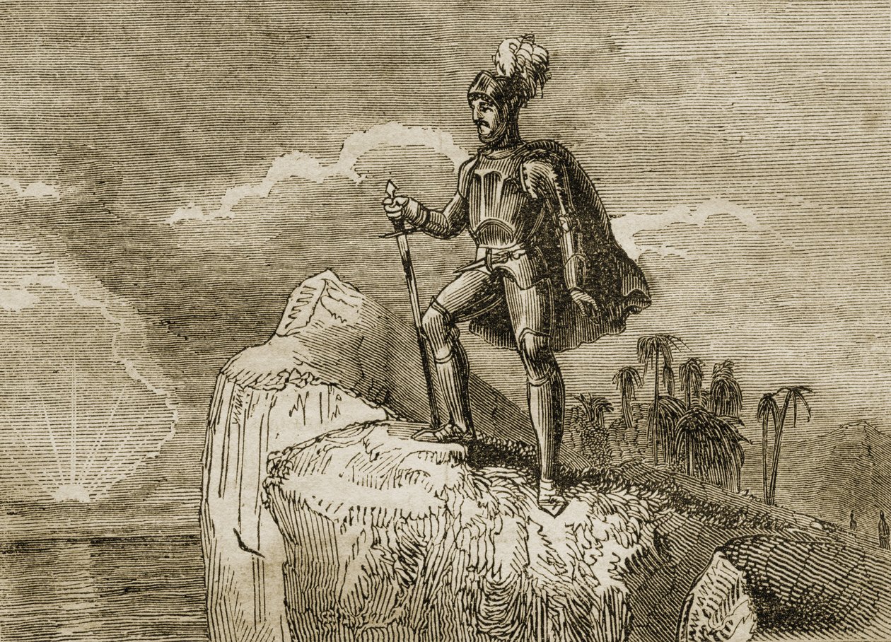 Balboas erster Blick auf den Pazifik im Jahr 1513, Illustration aus 