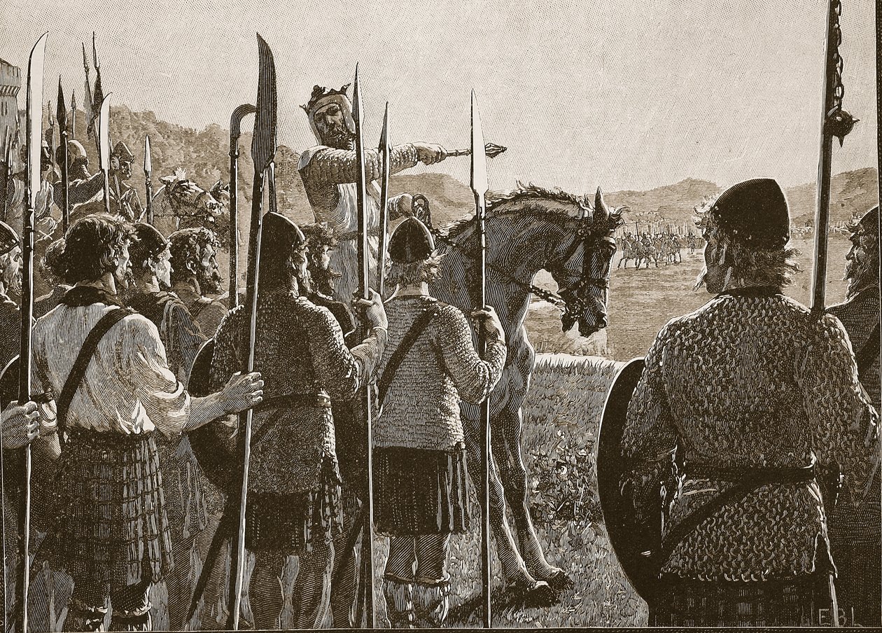 Bannockburn: Bruce inspiziert seine Truppen vor der Schlacht, Illustration aus Cassells Illustrierter Geschichte Englands von English School