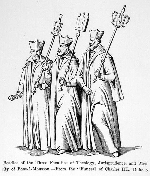 Pedelle der drei Fakultäten Theologie, Rechtswissenschaft und Medizin, aus Die Beerdigung von Karl III. (1543-1608) Herzog von Lothringen, Illustration aus Wissenschaft und Literatur im Mittelalter und der Renaissance von English School