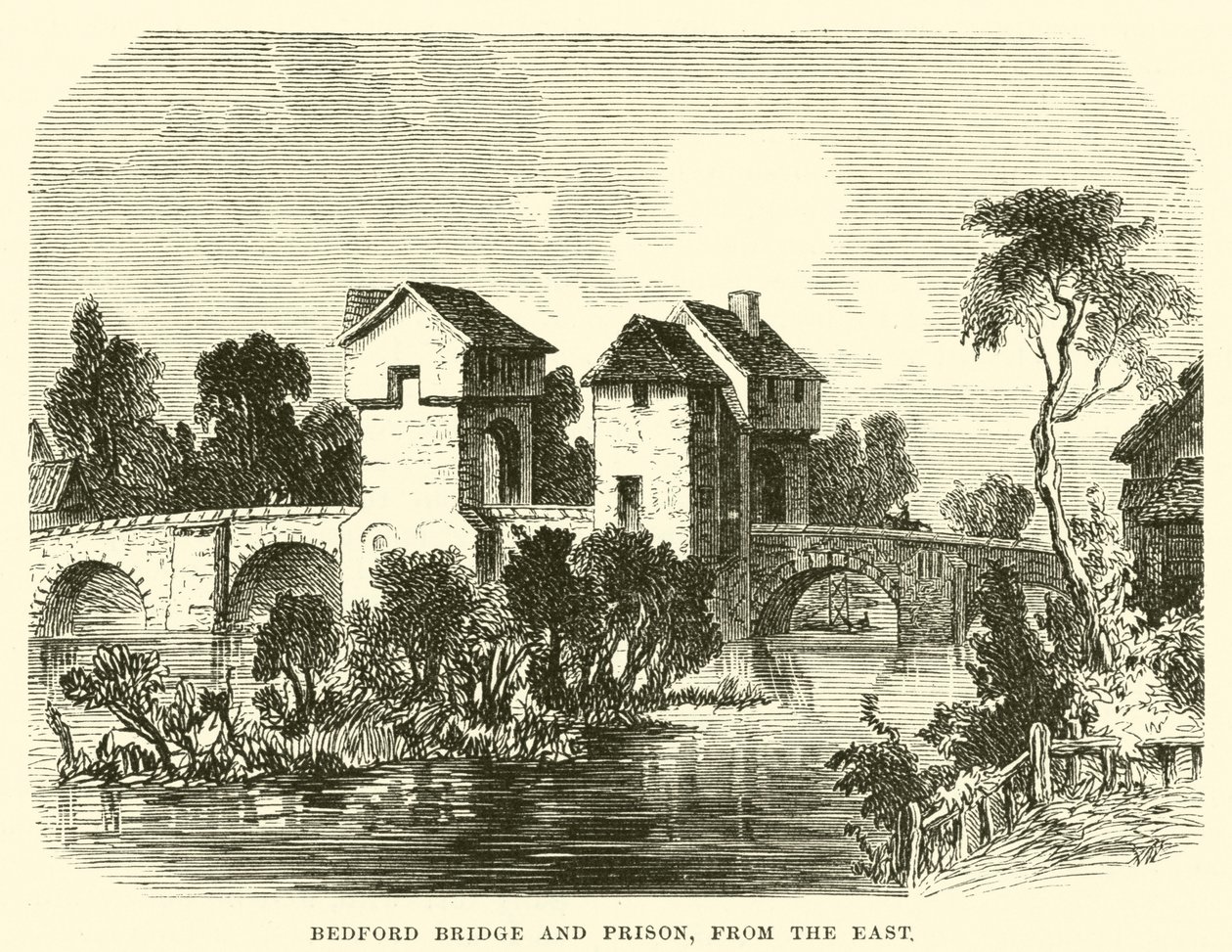 Bedford-Brücke und Gefängnis; von Osten (Gravur) von English School