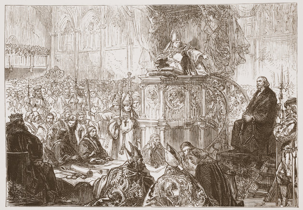 Der Bischof von Lodi predigt beim Prozess gegen Hus, Illustration aus Die Geschichte des Protestantismus von James Aitken Wylie, veröffentlicht 1878 von English School