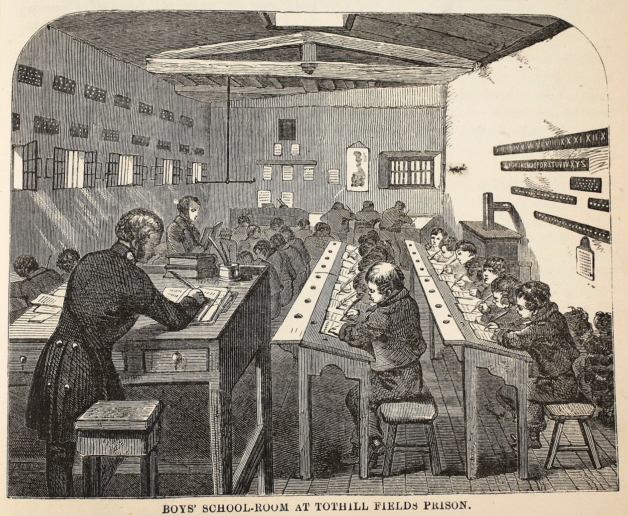 Schulraum für Jungen im Tothill Fields Prison, Illustration aus The Criminal Prisons of London and Scenes from Prison Life von Henry Mayhew und John Binny, veröffentlicht 1862 von English School