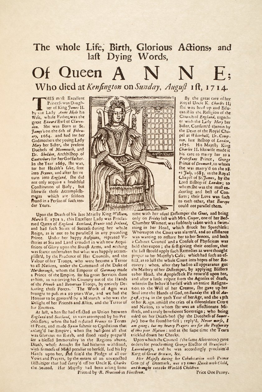 Flugblatt veröffentlicht zum Tod von Königin Anne, am Sonntag, den 1. August 1714 von English School