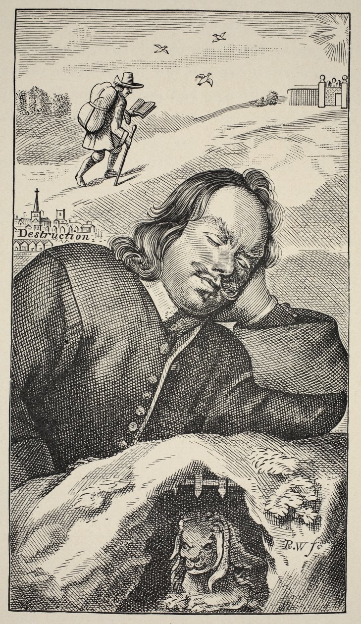 Bunyans Traum, Frontispiz von The Pilgrims Progress von John Bunyan (1628-88), 4. Ausgabe, veröffentlicht 1680 (Sepia-Foto) von English School