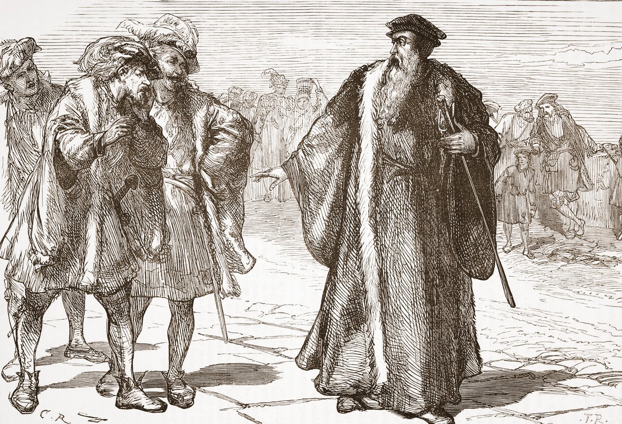 Calvin wird von den Libertinern auf der Rhonebrücke beleidigt, Illustration aus Die Geschichte des Protestantismus von James Aitken Wylie, veröffentlicht 1878 von English School