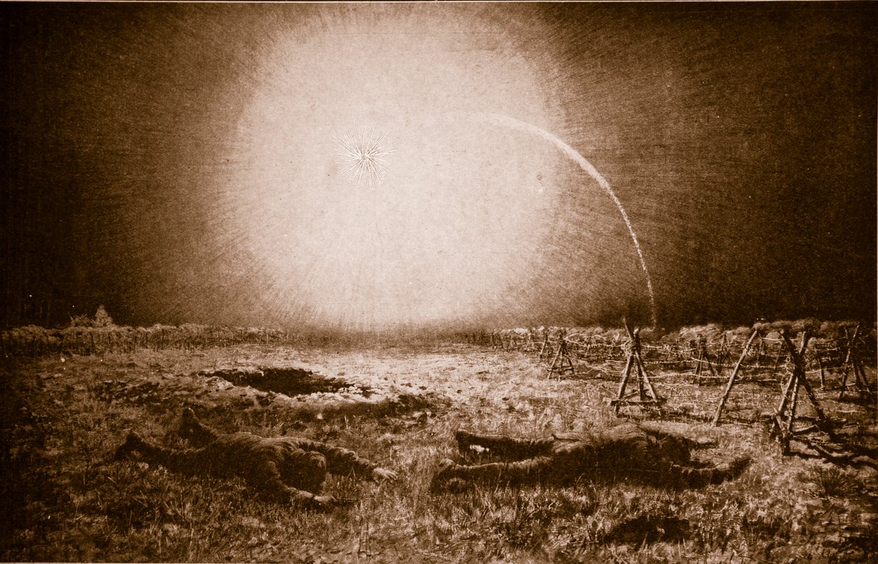 Im Schein eines deutschen Leuchtgeschosses: Eine britische Patrouille in Gefahr zwischen den Schützengräben, 1914-19 von English School