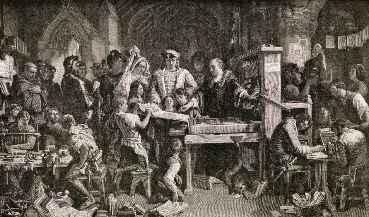 Caxton (ca. 1422-91) zeigt König Edward IV. Druckproben in der Almonry in Westminster, 1858 von English School