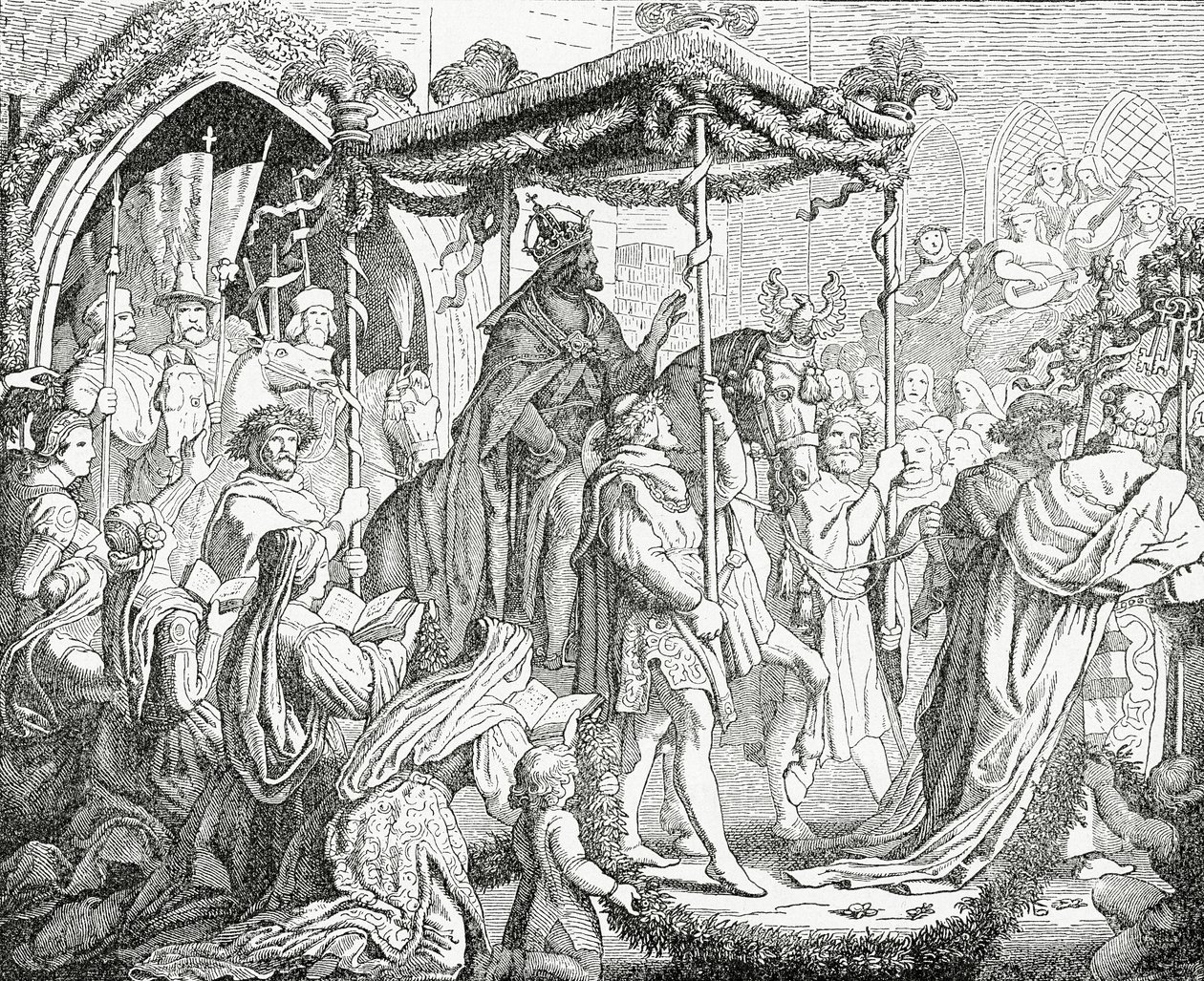 Karl IV., Heiliger Römischer Kaiser, besucht Papst Urban V. in Avignon im Jahr 1365 von English School