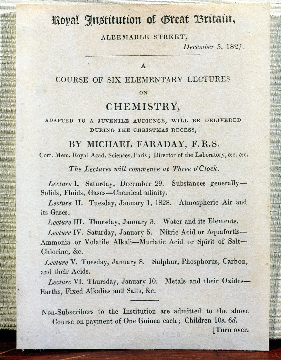 Weihnachtshandzettel für sechs elementare Vorlesungen über Chemie von Michael Faraday, 3. Dezember 1827 von English School