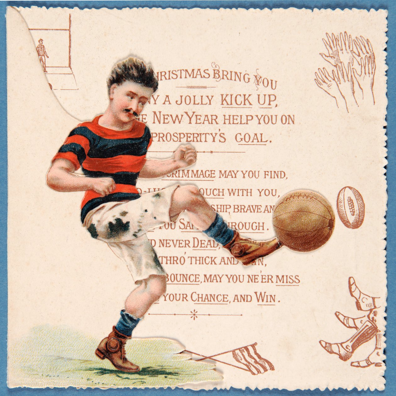 Weihnachtskarte mit einem Fußballspieler, der einen Ball tritt, ca. 1890er von English School