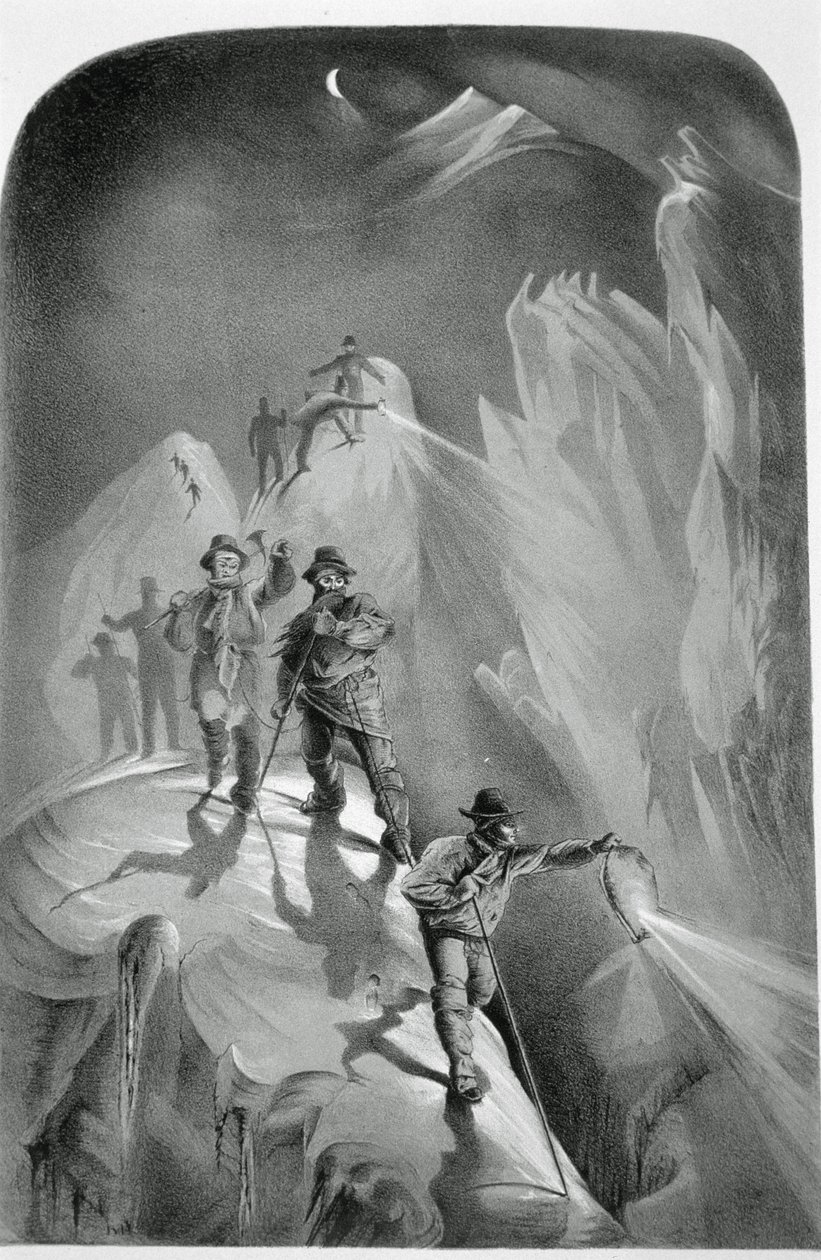 Klettern bei Nacht, aus Zehn Szenen des letzten Aufstiegs des Mont Blanc einschließlich fünf Ansichten vom Gipfel, von J.D.H. Browne, veröffentlicht 1853 von English School