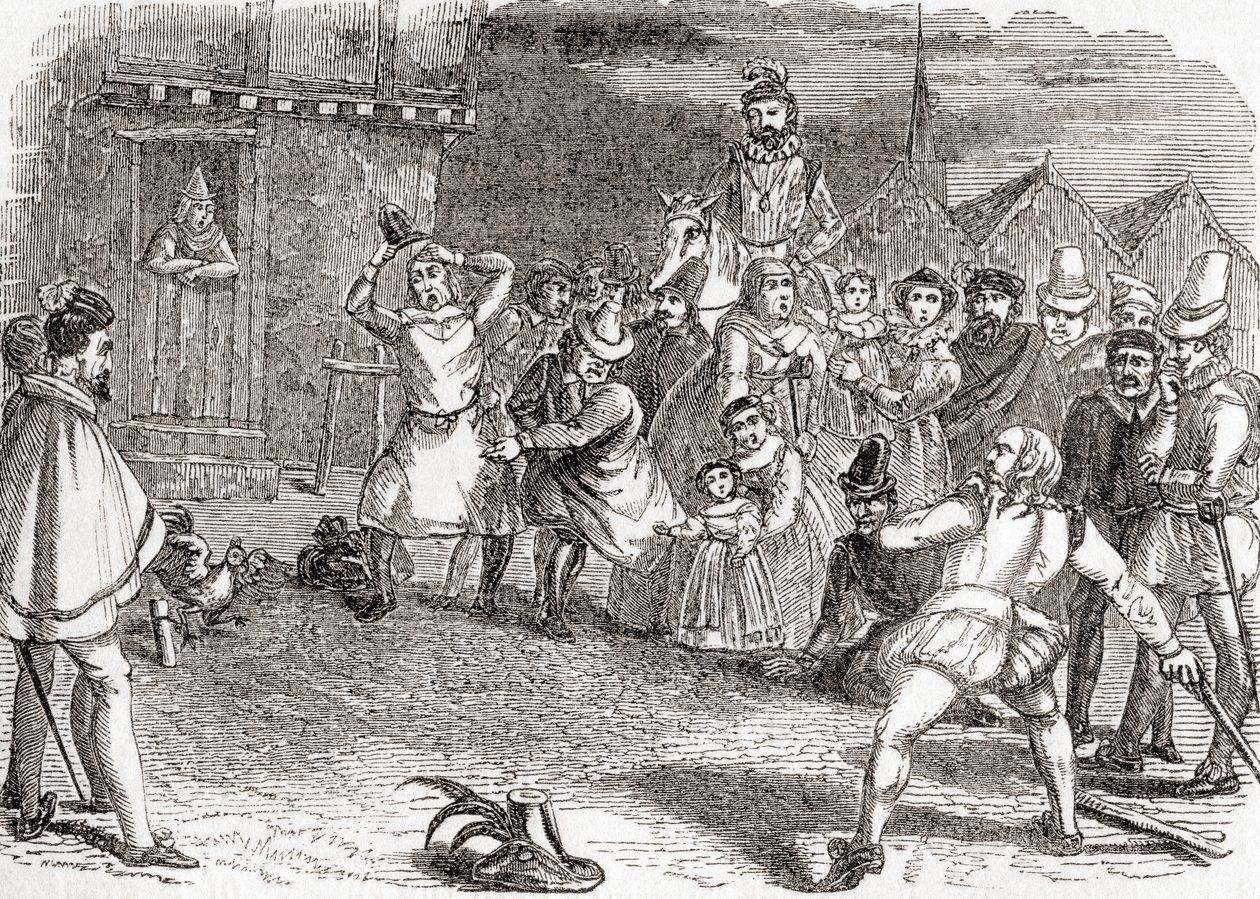 Hahnenwerfen, auch bekannt als Cock-shying oder Werfen auf Hähne, aus "Old England: A Pictorial Museum", veröffentlicht 1847 von English School