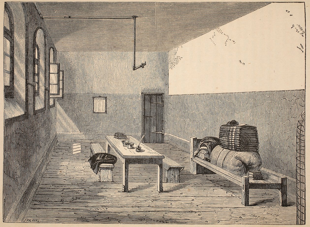 Verurteiltenzelle, Newgate, Illustration aus The Criminal Prisons of London and Scenes from Prison Life von Henry Mayhew und John Binny, veröffentlicht 1862 von English School