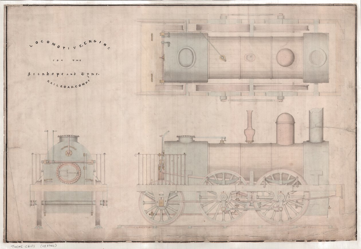 Konstruktionszeichnung, 0-4-2 Lokomotive und Tender von R. und W. Hawthorn and Co. für die Stanhope and Tyne Railway Co von English School