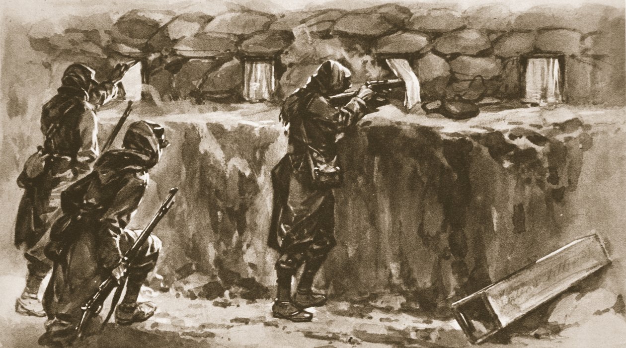 Fenstervorhänge als Schießschartenabdeckungen: Ein französischer Trick, um den Feindschützen zu täuschen, aus The Illustrated War News, 1915 von English School