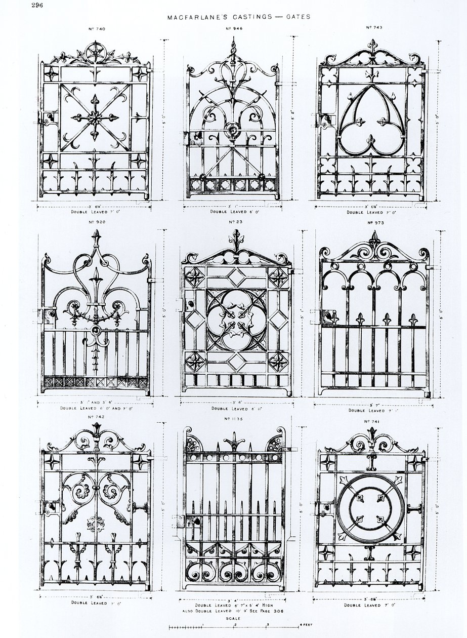 Entwürfe für Gusseisen-Geländer, aus Macfarlanes Castings von English School