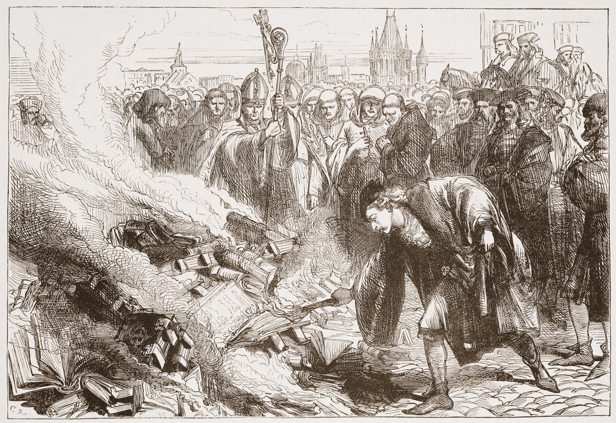 Zerstörung der Werke von Wicliffe in Prag, Illustration aus Die Geschichte des Protestantismus von James Aitken Wylie, veröffentlicht 1878 von English School
